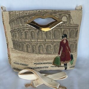 Beige the colosseum with a lady crossbody bag, (15.35”X3.9”X3X11.4”)